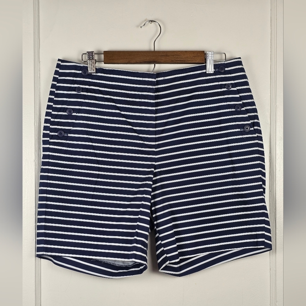 Talbots Navy Blue and White Striped Nautical Retro High Rise Shorts 10